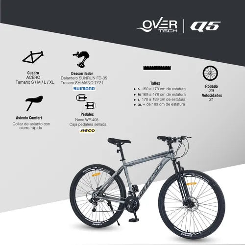Bicicleta Mtb Overtech R29 Q5 21v Freno A Disco Shimano 12x Color Gris claro/Negro Tamaño del cuadro M