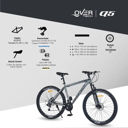 Bicicleta Mtb Overtech R29 Q5 21v Freno A Disco Shimano 12x Color Gris claro/Negro Tamaño del cuadro M